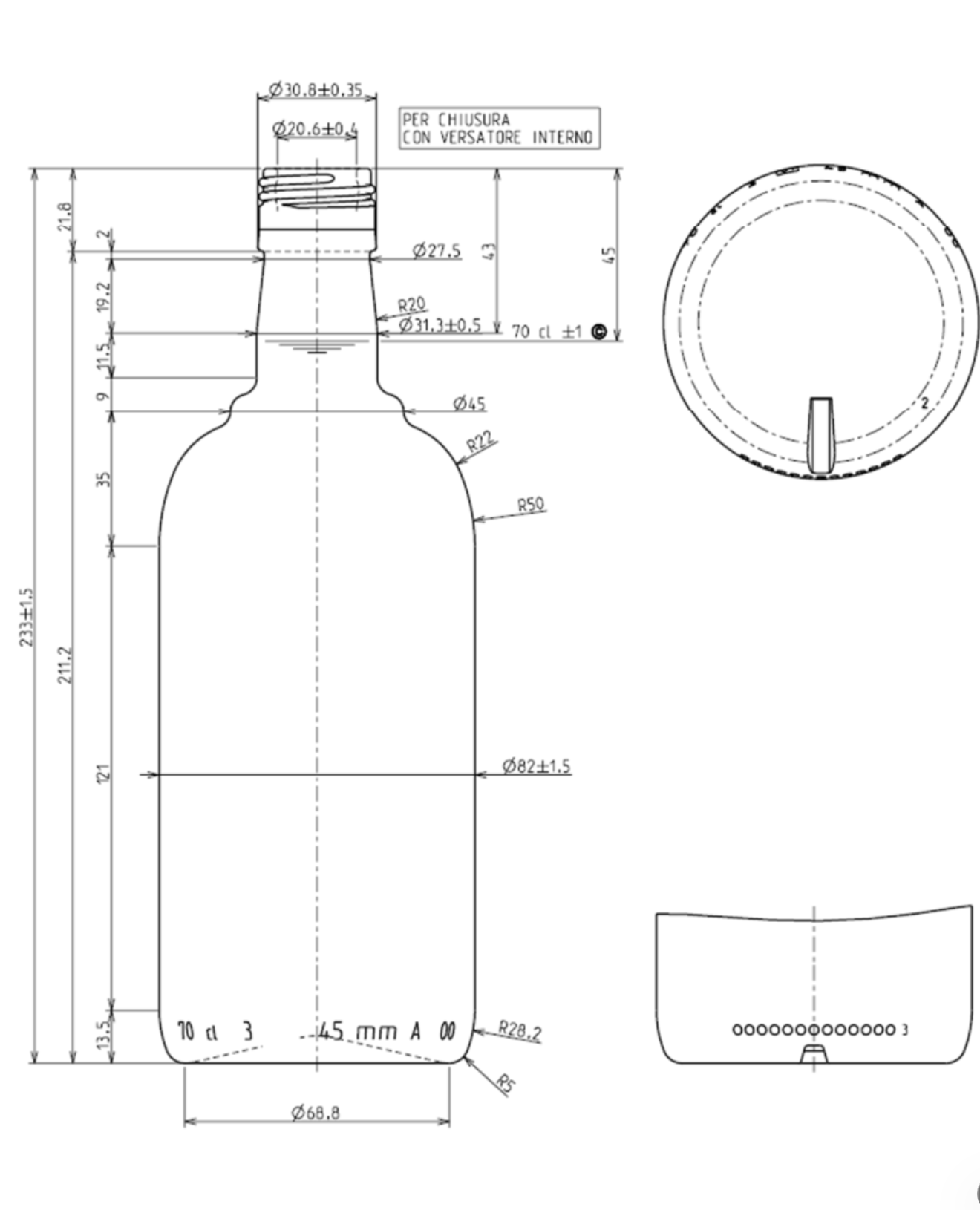 Disegno tecnico della bottiglia Distillato tondo 700 ml