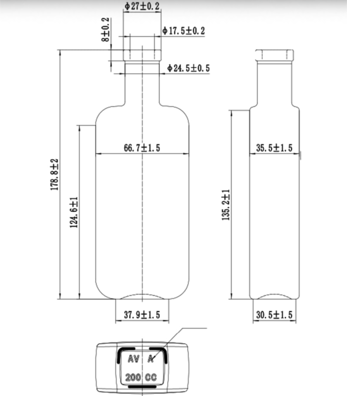 Disegno tecnico della bottiglia Gardi 200 ml