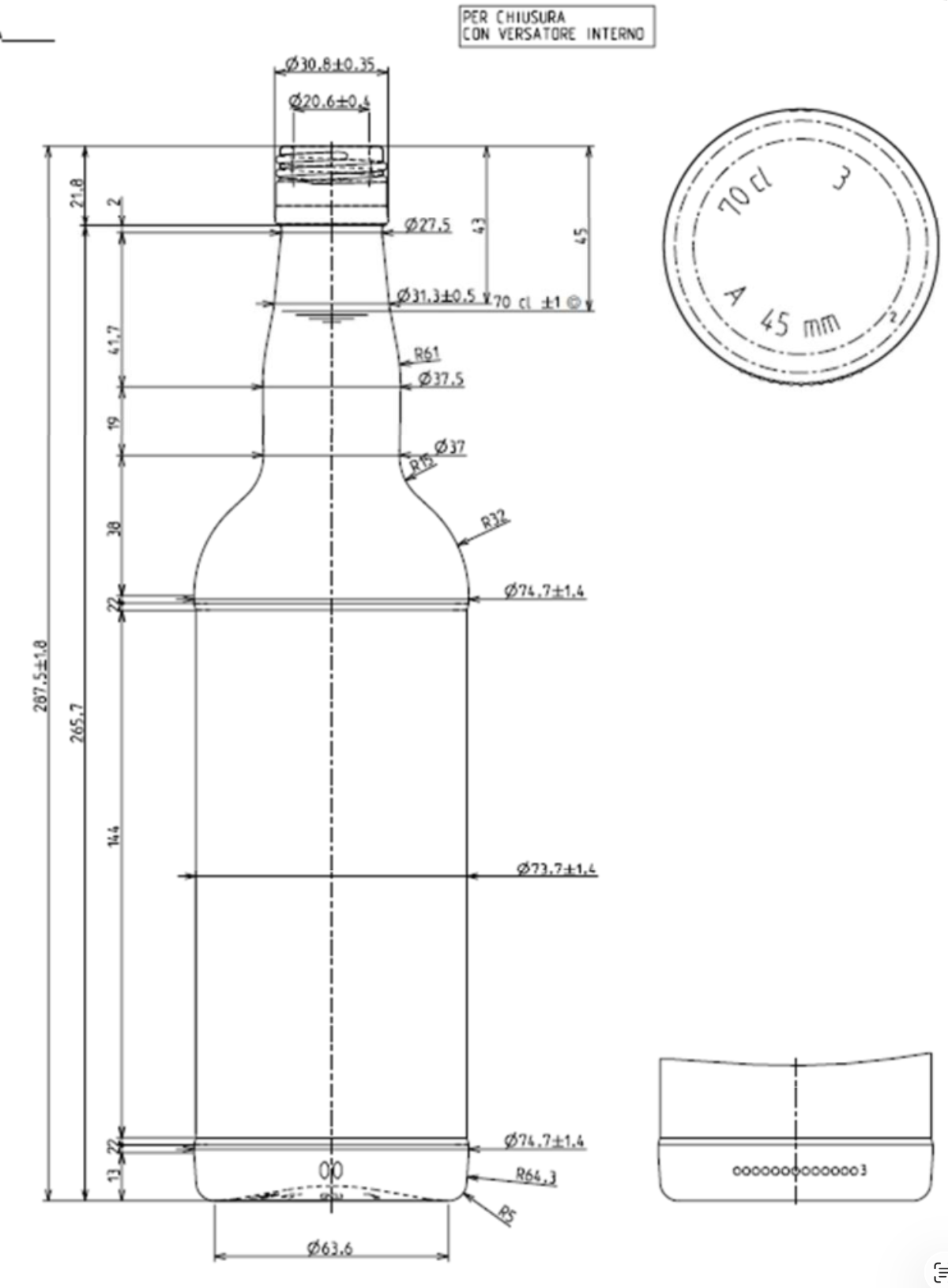 Disegno tecnico della bottiglia Whisky 700 ml