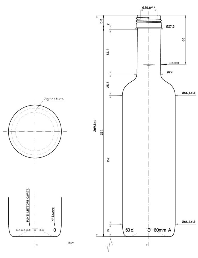 Disegno tecnico della bottiglia Bordolese aceto 500 ml