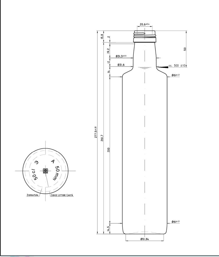 Disegno tecnico della bottiglia Dorica 500 ml VB