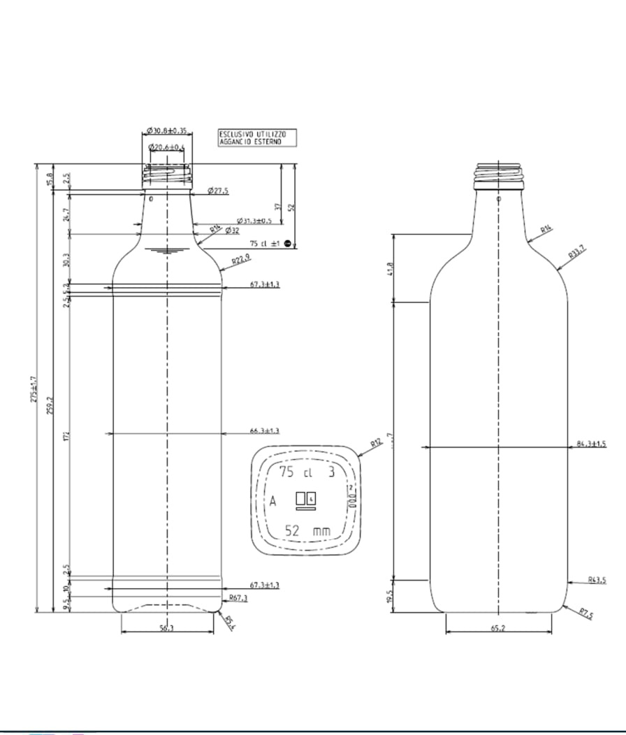 Disegno tecnico della bottiglia Marasca 750 ml S