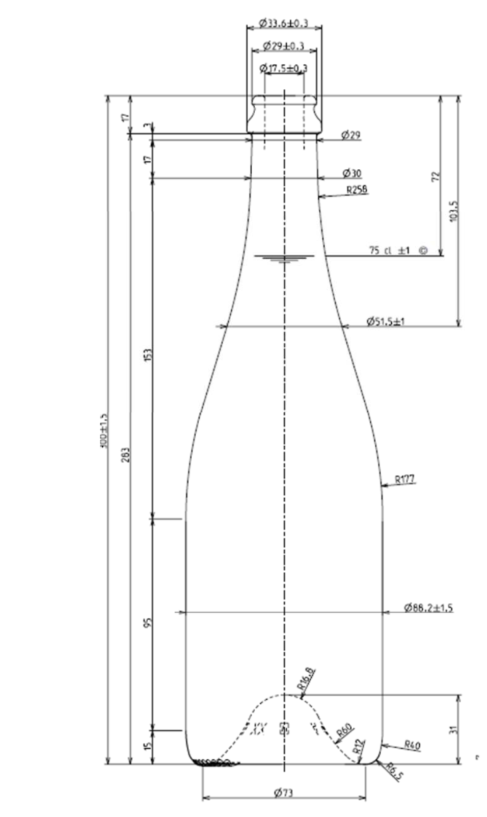 Disegno tecnico della bottiglia Champenoise 750 ml