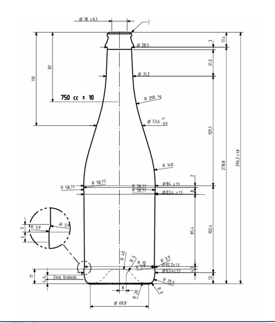 Disegno tecnico della bottiglia Cuve Close 750 ml