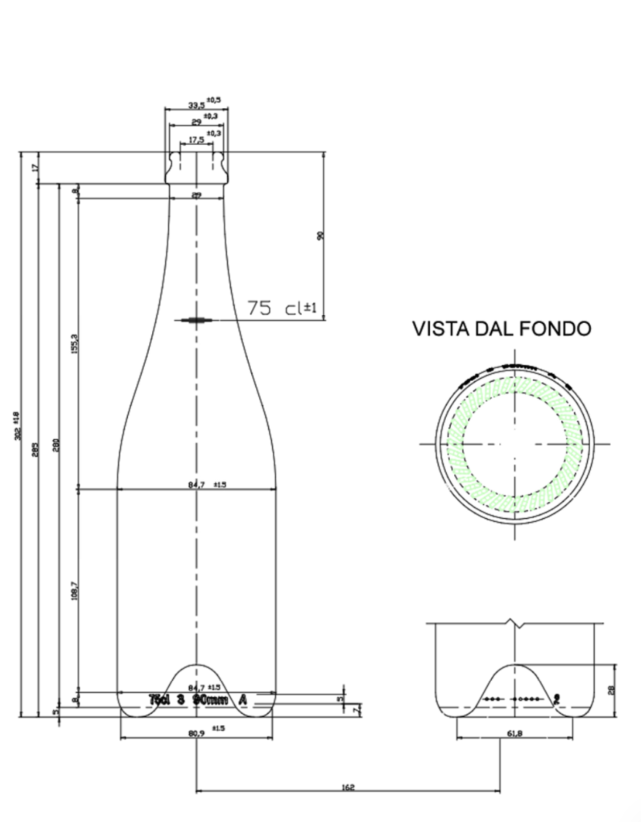Disegno tecnico della bottiglia Spumante Metodo 750 ml
