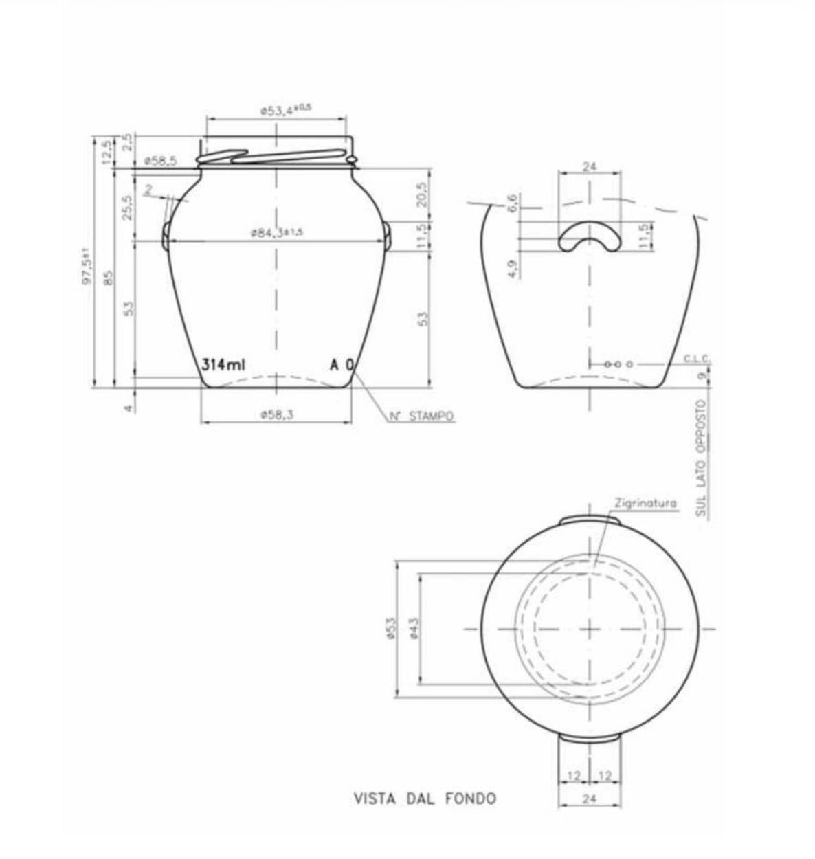 Disegno tecnico del vaso orcio da 314 ml