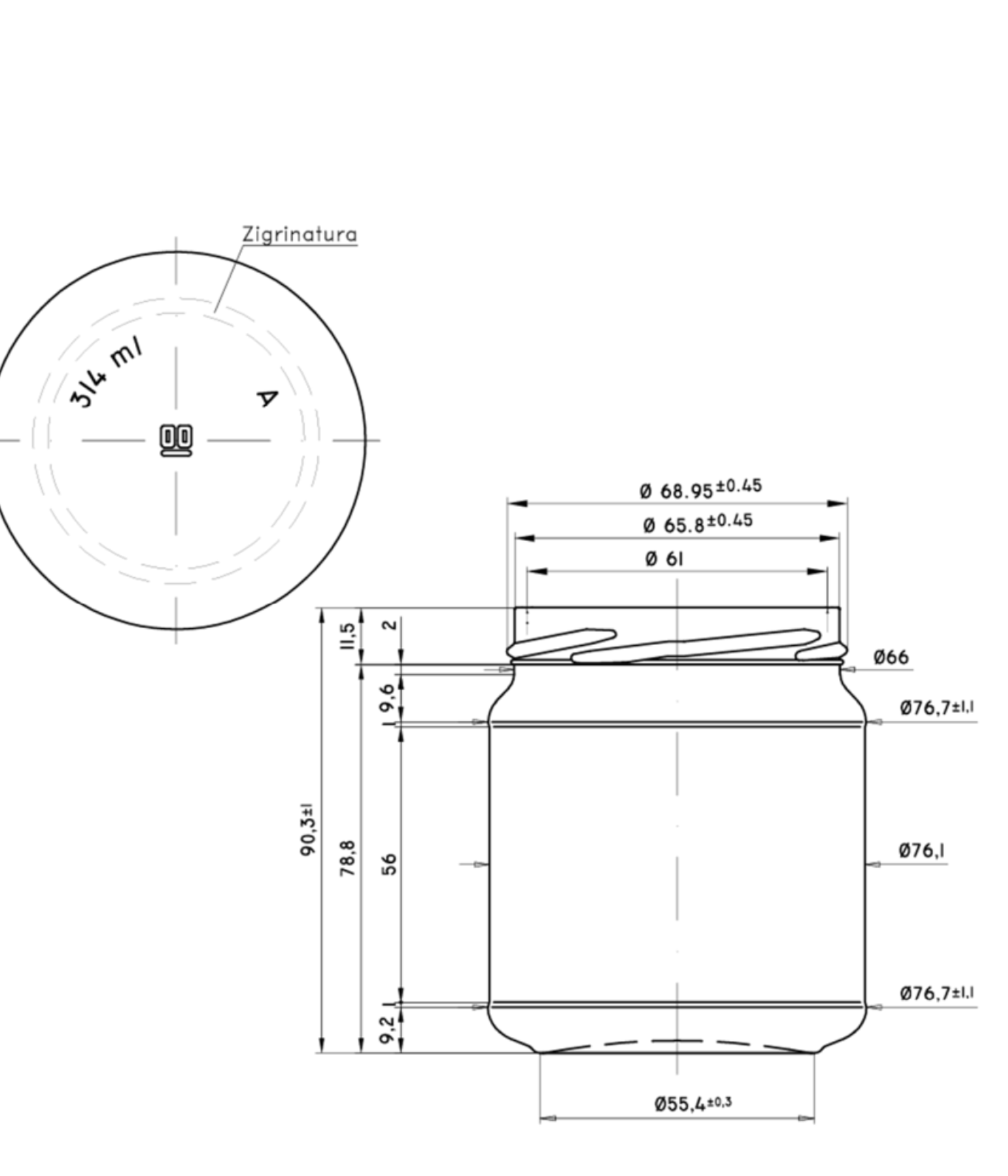 Disegno tecnico del vaso America da 314 ml