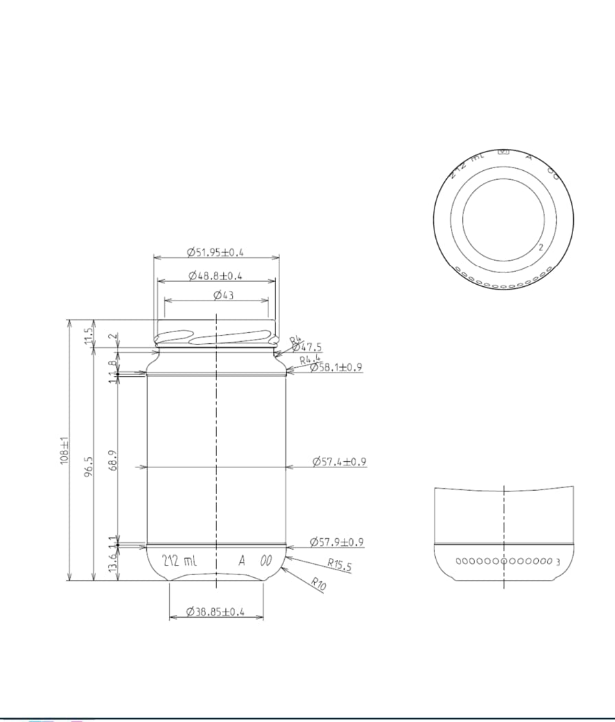 Disegno tecnico del vaso colonna da 212 ml