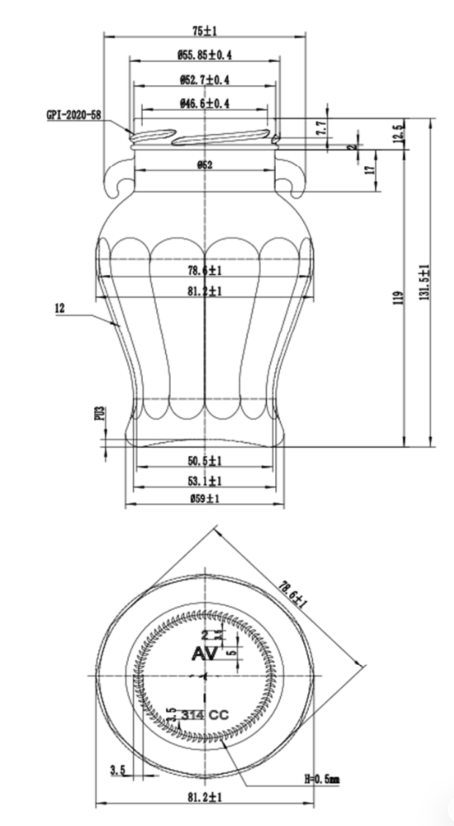 Disegno tecnico del vaso Special da 314 ml