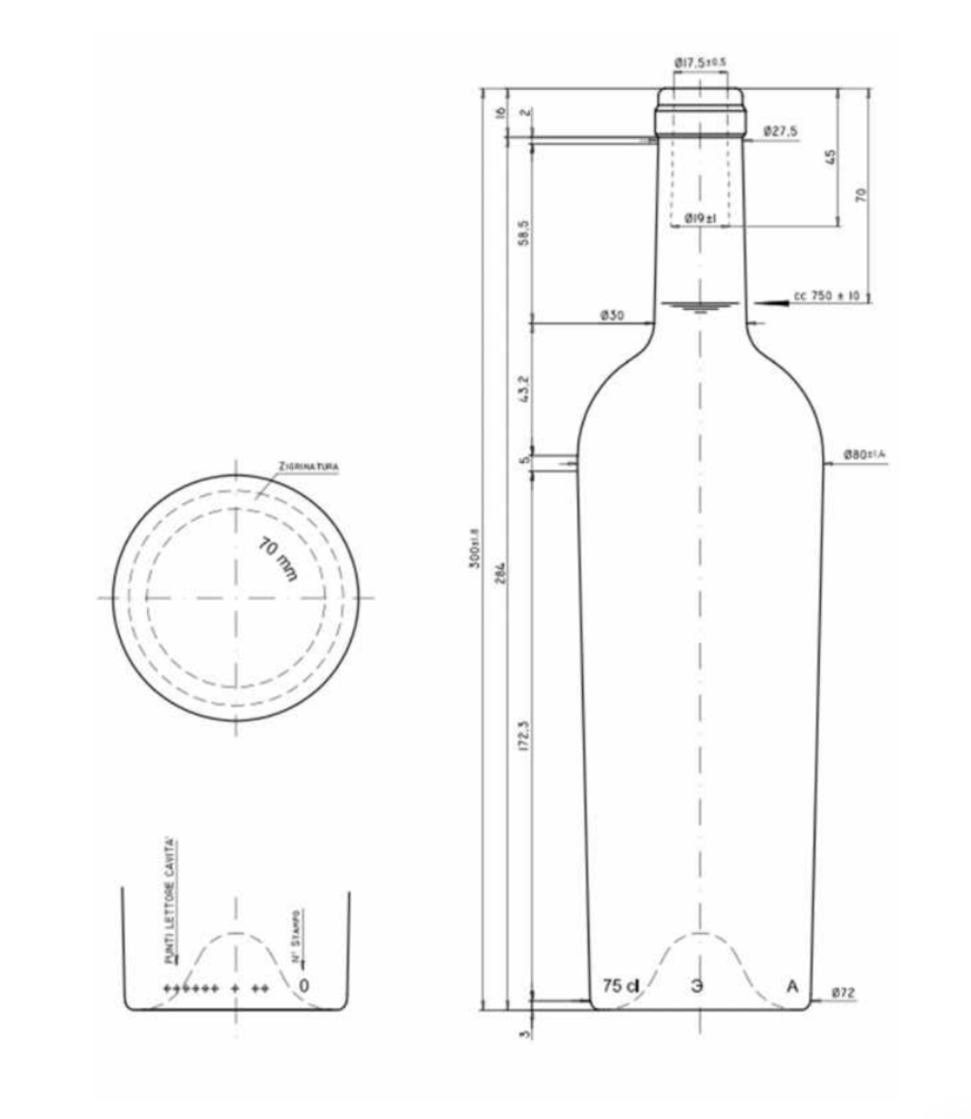 Disegno tecnico della bottiglia Bordolese conica leggera 750 ml TS