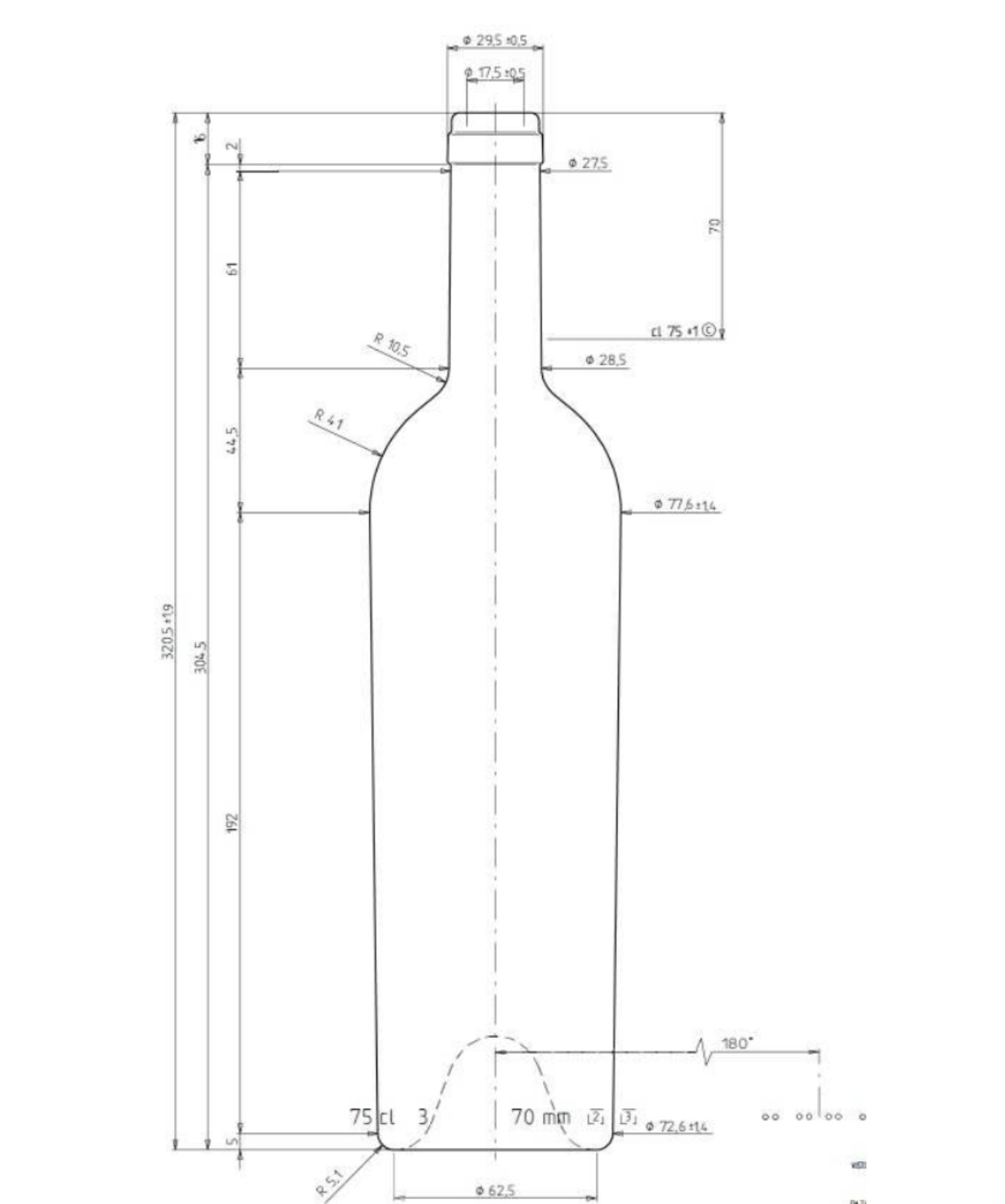 Disegno tecnico della bottiglia Bordolese Elite 750 ml TS