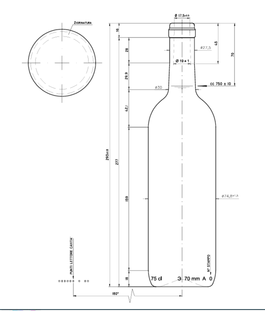 Disegno tecnico della bottiglia Bordolese STD 750 ml