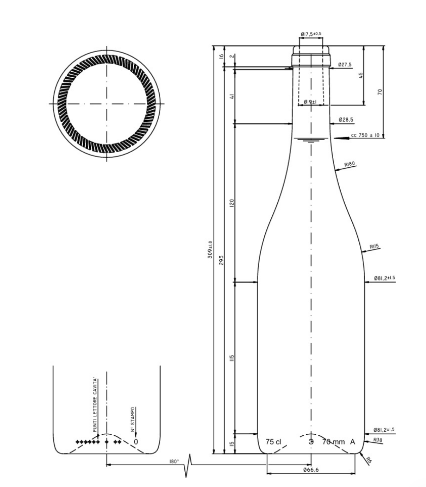 Disegno tecnico della bottiglia Borgognotta alta 750 ml TS